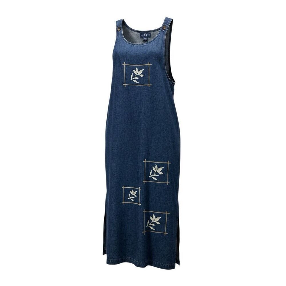 Vtg 90s Original TY Wear Denim Leaf Print Jumper Maxi Dress Size 12 Cottagecore